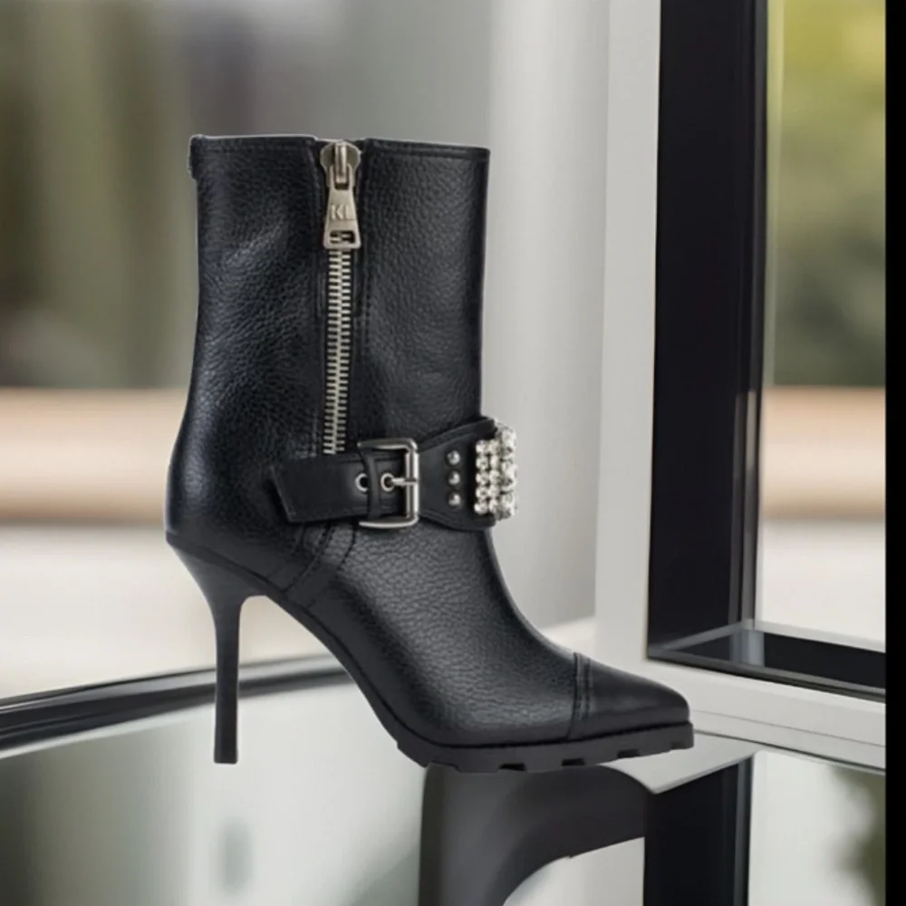 Karl Lagerfeld Mable Lug-Sole Heeled Black Boot W/Crystal & Polished Studs Strap
